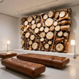 ! dream an art museum whose architecture is inspired by drum and flute instrument pieces, brown modern leather benches, modern floor lamps ar 1 6 : 9