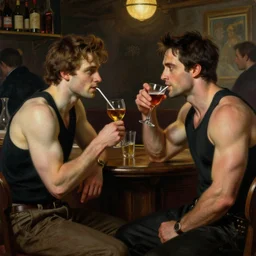 attractive muscular neil breen and muscular attractive edward cullen go to a pub together to have some drinks. highly detailed painting by gaston bussiere, craig mullins, j. c. leyendecker, alphonse mucha 8 k