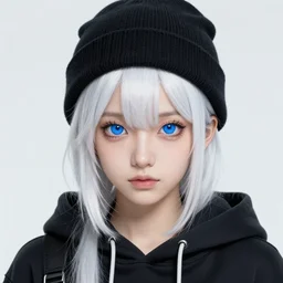highly detailed portrait of a sewerpunk student lady, blue eyes, hoody, beanie hat, white hair, style of ashley wood, yoji shinkawa, jamie hewlett, 6 0's french movie poster, french impressionism, vivid colors, palette knife and brush strokes, gradient yellow, black, brown and cyan color scheme, grunge aesthetic