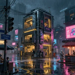 cyberpunk box city. street view. digital render. digital painting. night. raining. neon. puddles on street. road signs. traffic lights. cables. advertisements. stalls. umbrella. robot. dangiuz.