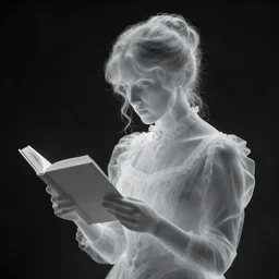 long shot, monochromatic photography of an eerie transparent vision of a victorian woman reading, in a chair in a well - lit library room, torn photograph, 2 4 mm, 8 k