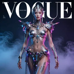 hyperrealistic futuristic high fashion photography, girl in studio, full body, vogue magazine, nomad masterpiece, nano parts, neon lights, smoke, eerie music, beautiful intricate face and flawless skin, tribal jewelry, tattoos, perfect hands, head piece, by Edgar Maxence and Ross Tran and Michael Whelan, 8k, octane render