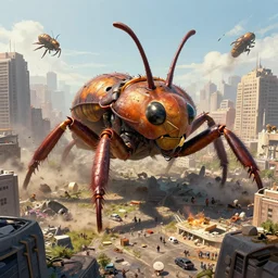 concept art of giant bugs destroying a city