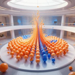 orange and blue fluid particle wave from thousands of spheres in a huge modern townhall octane render trending on artstation