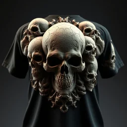 t - shirt with various skulls carved into the t - shirt surface, intricate details, photorealism, 8 k, octane render, stunning craftsmanship, t - shirt, artstation