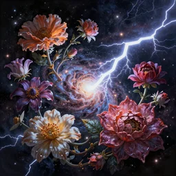An epic fantastic realism comic book style painting of the most beautiful entwined flowers launched across the dark galactic bouquets, fisheye, lightning creating life, unreal 5, DAZ, hyperrealistic, octane render, dynamic lighting