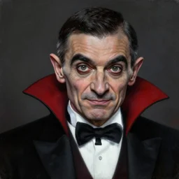 portrait of mr bean as a vampire, gritty, dark, very detailed, hyperrealistic, very detailed painting by Glenn Fabry, by Joao Ruas