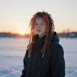 a boy with colore hair dread, in snow, sunrise, 4 k