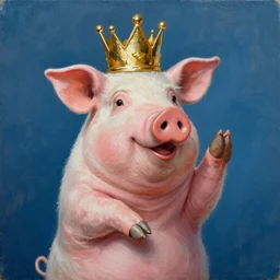 lisa frank flexing pig wearing a gold crown painting by android jones