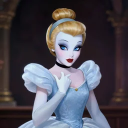 evil cinderella with blue eyes and pale skin in a classical portrait pose in the style of mickey mouse