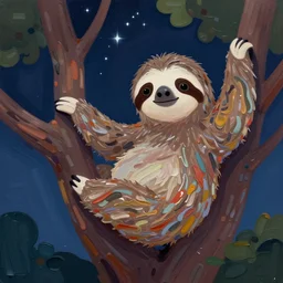 a cute sloth hanging on a tree on a beautiful night with stars, made of beautiful colored thick flowing dramatic brush strokes, matte colors, trending on artstation