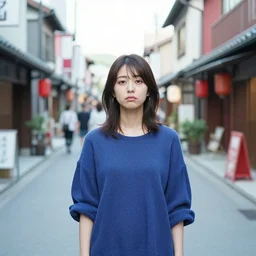 woman, beautiful asian, standing in front of the camera, in a japanese street, emotionless, fed up, medium shot, red and blue, broad light, photography, iso 2 0 0, akinori miura