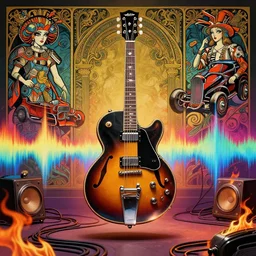 portrait of a gibson es - 3 3 5 guitar made from 1 9 5 0 chrome toaster, floating over color soundwaves, rock and roll background, music, cables everywhere, sound, fire, new art nouveau, mucha, rat fink, hot rod, moebius,