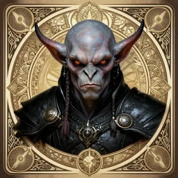 head-on symmetrical centered painted portrait, World of Warcraft goblin assassin, black leather armour, art nouveau, tarot card style, complex tarot card background, fantasy, intricate, elegant, highly detailed, smooth, sharp focus, illustration, artstation, in the style of Artgerm and Anna Podedworna and Alex Ross and Mucha