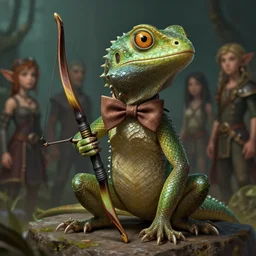 lizardfolk with a bowtie, highly detailed, d & d, fantasy, highly detailed, digital painting, trending on artstation, concept art, sharp focus, illustration, global illumination, shaded, art by artgerm and greg rutkowski and fuji choko and viktoria gavrilenko and hoang lap