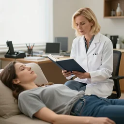 a blonde psychoanalyst in his office, with a book in his hand and a patient lying on the couch