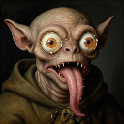 close up portrait of a mutant monster creature with iris flower eyes, large thorny tongue, fractal long ears, cloak. jan van eyck, audubon