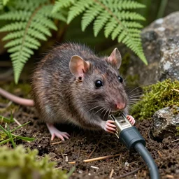 photo, smiling! rat in a mud chewing! thick internet cable!! in the ferns, grass and rocks, highly detailed, intricate details, volumetric lighting, close up, doom, apocalypse