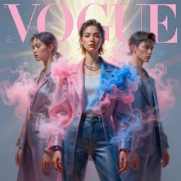 3 d, fashion model, pink and blue smoke, sun rays, vogue cover style, poster art, high detail, intricate oil painting, multiple exposure, hyperrealism, 3 d, by tooth wu and wlop and beeple and greg rutkowski