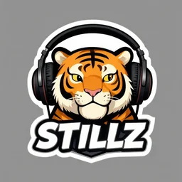 stillz musc dj logo with a tiger wearing headphones. by studio ghibli, rhads and mumford.