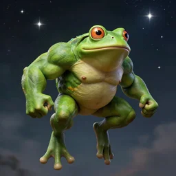 a muscular green! pepe frog with big muscular legs jumps to the sky to become one with the stars, by taro okamoto and caspar david friedrich, atmospheric lighting, intricate detail, cgsociety, hyperrealistic, octane render, rpg portrait, ambient light, dynamic lighting