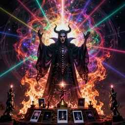 gothic vampire, necro witch dream summons blinding cosmic god of torment, altar evil shocking awe, hellfire iridescent flares bleeding colors glow, unreal engine, lens flare laser, award winning photography, polaroid ritual altar, spikes from spine, beksinski lore, demonic flavor art by michael komarck + daniel dos santos