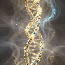 8 k uhd houdini recursive dna fractal structure, background smoke and bioluminescent swirling wisps, cream yellow blue gold palette, volumetric lighting, 1 8 mm lens