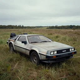 abandoned 2 0 2 2 delorean time machine in a field
