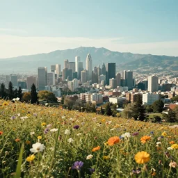 metropolis with flower fields as foreground, with mountains as background, with sunny sky, cinematic