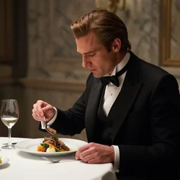 dune movie concept art aristocrat in elegant black suit eating dish with cooked sandworm with vegetables on plate, marble interior, wine glass, soft lighting, dark color scheme, art by gary jamroz simon goinard henrik sahlstrom devon cady - lee, profile shot, white tablecloth, volumetric lighting, octane render, commission art, 8 k resolution