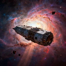 a derelict spacecraft floating on the edge of a vibrant nebula, debris, silhouette, crepuscular rays, dramatic lighting, a strange alien being is floating in the wreckage, octane render 4 k
