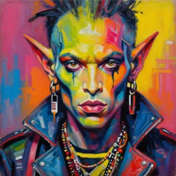 jean michel basquiat as an apocalyptic scifi orcish biker character, psychedelic vibrant colors, futuristic punk rock fashion, oil painting by michael whelan art, perfect face, sharp focus, detailed eyes, realistic, 8 k
