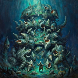 oil painting epic tiered mollusks armored & battling dystopian aqua, cinematic, fine art, black light masterpiece, hyper detailed by shigeru komatsuzaki