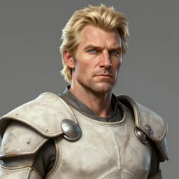 concept art, portrait, 50 years old men, blonde, blue eyes, light leather armor, high detail, digital art, realistic