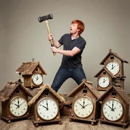 man with short red hair smashing heaps of cuckoo clocks with a sledgehammer