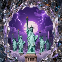 of a futuristic photo - realistic new york city with mirrored windows in a shiny crystalline cave : 4, the statue of liberty : 2, highly symmetrical, balanced, purple lightning clouds : 3, octane render, clouds : 2, violet sun : 4, in the style of sahm : 3, hd, ultra - realistic, in unreal engine