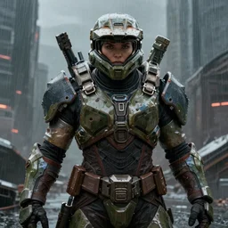 character portrait of a big beefy female warrior wearing mjolnir armor from halo infinite in a desolate cyberpunk wasteland city, symmetrical face details, realistically rendered eyes, 8 k, ultra realistic, realistic shading, matte painting, moody lighting, good value control, concept art, digital painting, realistic shading, sharp focus, wet, heavy rain, rainstorm, minimal artifacts, john singer sargent, william - adolphe bouguereau