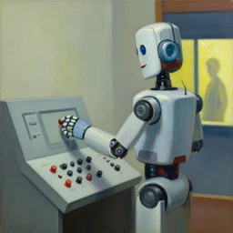 robot using a control panel portrait, lowbrow, pj crook, grant wood, edward hopper, oil on canvas