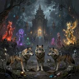 wolves and their treasures. magic dark atmosphere. colourful spirits guard treasures of a thousand temples. octane render, highly detailed digital painting by david caspar friedrich and h. r. giger