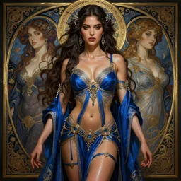 zoe saldana as a goddess, passionate, sweaty, intricate dressed in ornate blue robes and garter, lovely, intricate, highly detailed, digital painting, artstation, symmetrical, concept art, smooth, sharp focus, illustration, unreal engine 5, 8 k, art by artgerm and greg rutkowski and alphonse mucha