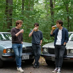 ''3 friends drinking near a forest, standing next to a chrysler 3 0 0''