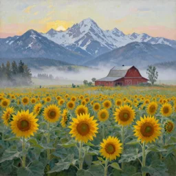 impressionism painting of a field of sunflower on a foggy morning, red barn in distance, sun low on horizon through snow capped mountains