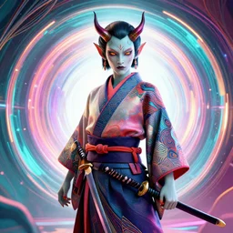 a beautiful 3 d render of a giesha demon wearing a kimono + holding a samurai sword, innovative avant - garde art, deco fashion, photorealistic portrait, crisp quality and light reflections, a portal to a waporwave dimension, transcendent, vibrant color, clean linework, finely detailed, 4 k, trending on artstation, volumetric lighting, octane render, award winning, rule of thirds