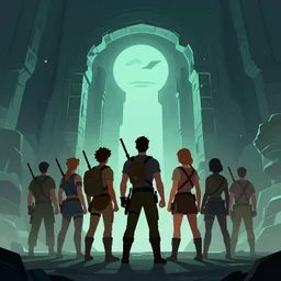 An epic simple digital art of a group of adventurers standing in front of the entry to a new dimension in the style of Afshar Petros, trending on ArtStation