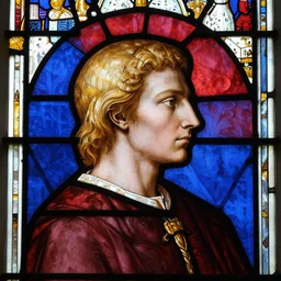 side - view portrait of gaunter o'dimm from gwent, 1 0 th century stained glass window, very masterful