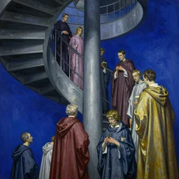 worshippers in robes ascending a spiral staircase, high detailed beksinski painting, part by adrian ghenie and gerhard richter. art by takato yamamoto. masterpiece, deep colours, blue