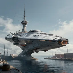 hanseatic spaceship, hd, gdansk harbor, science fiction, epic, cyberpunk, extremely detailed, sharp focus, by bruce pennington, by stalenhag