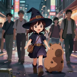anime key visual of a little witch with her capybara mascot walking through busy cities, cinematic lighting, dramatic atmosphere, by dustin nguyen, akihiko yoshida, greg tocchini, greg rutkowski, cliff chiang, 4 k resolution, craig mullins