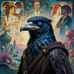 realistic detailed portrait movie still of a birdman wearing dark robes, surreal sci fi landscape background by denis villeneuve, amano, yves tanguy, alphonse mucha, ernst haeckel, max ernst, roger dean, masterpiece, rich moody colours, blue eyes, snarling dog teeth