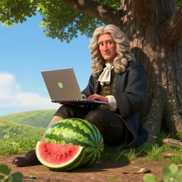 sir isaac newton sitting under a tree on a hill holding a macbook - pro, a big crushed watermelon is lying on the ground next to him, a still photo from pixar's wall - e